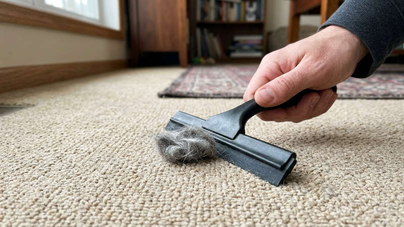 squeegee dragged across carpet collecting pet hair